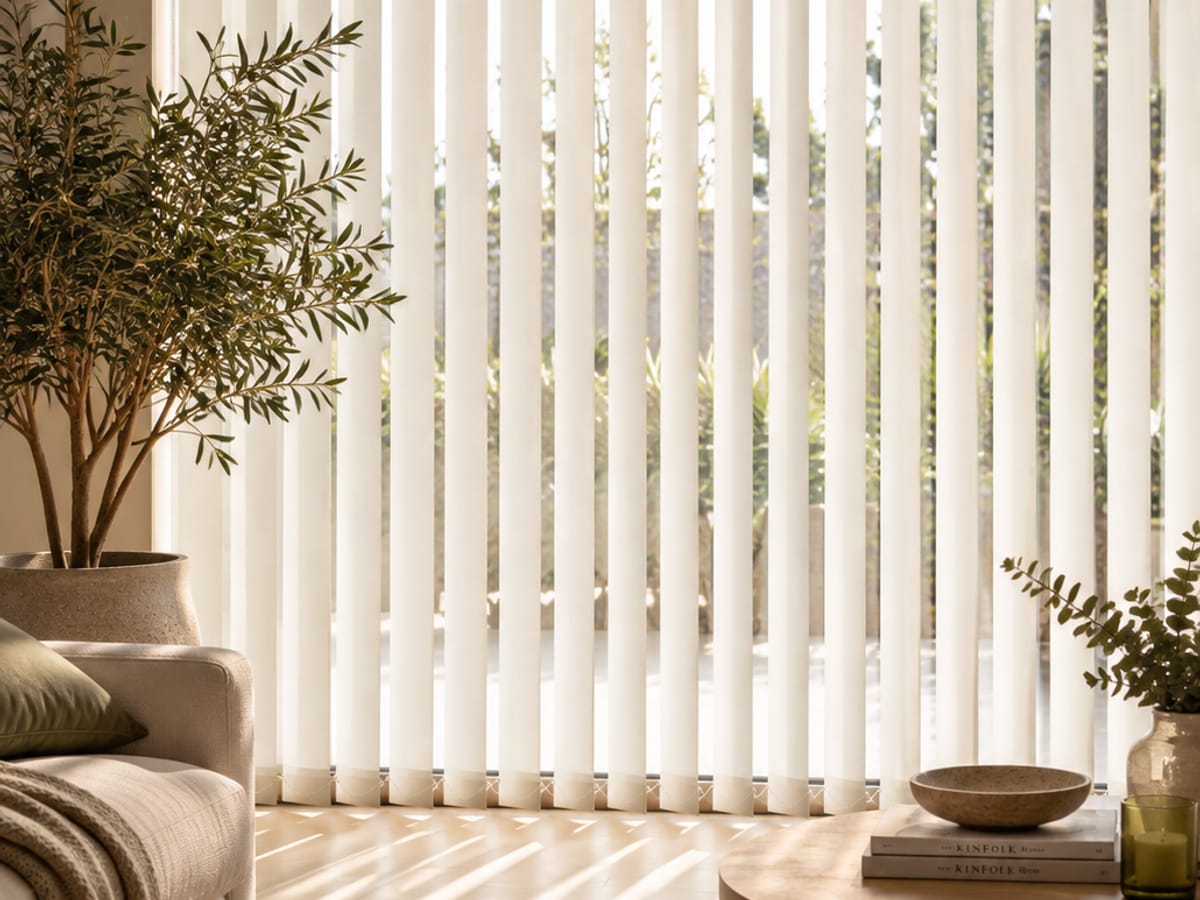 Bandes verticales blanches d’un store californien filtrant la lumière du jour