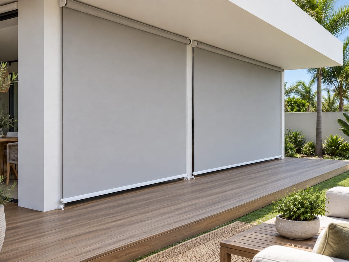 Stores verticaux extérieurs guidés en toile grise sur la terrasse en bois d’une maison contemporaine